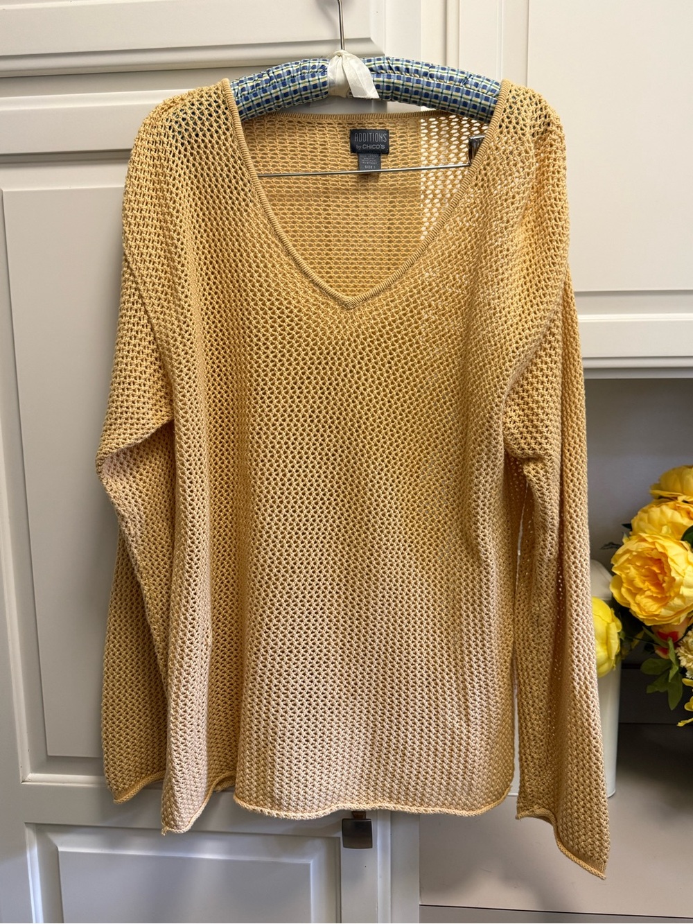 Chico's Open-Weave V-Neck Sweater in Warm Yellow